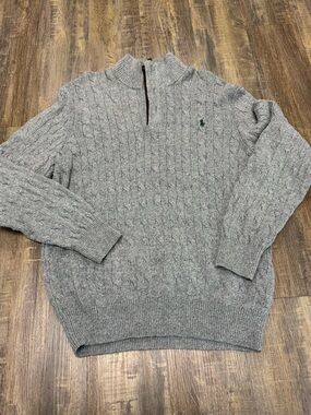 Ralph Lauren Men’s Gray Cable-Knit Half-Zip Sweater Green Polo Logo Tussah Silk